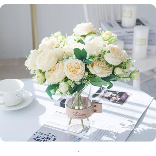 White Roses Artificial Flowers Silk Peonies Wedding Decorative Vases for Home Decor Bride Bouquet Foam Craft Gifts Fake Plants