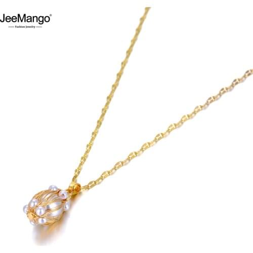 JeeMango Trendy Bohemia 316L Stainless Steel White Simulated Pearl Necklaces Lovely Pendant Choker Necklace For Women JN20076