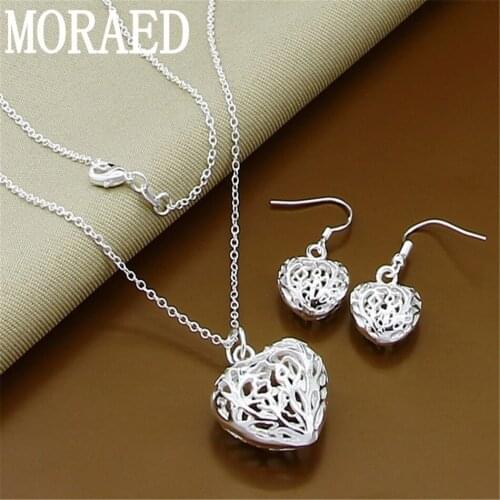 Hot Sale 925 Silver Jewelry Simple Heart Necklace Earrings Set For Women Lady Fashion Gift