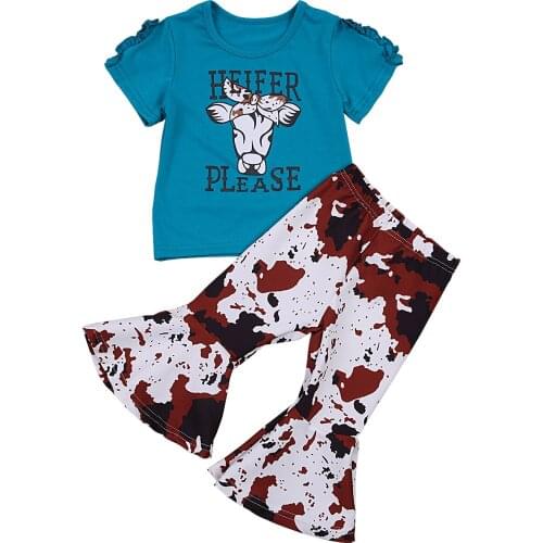 Toddler Kids Girls Summer Clothes Sets, Cartoon Cow Head Letter Print Short Sleeve T-shirts and Tie Dye Long Flared Pant