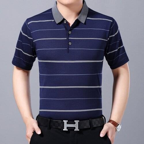 Summer thin polo shirt short-sleeved POLO shirt mens middle-aged striped lapel silk cotton POLO shirt on the clothes