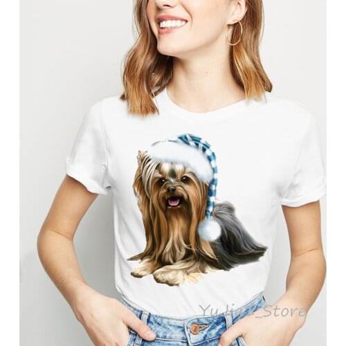Cute Christmas puppy Yorkies print shirt women harajuku kawaii clothes white basic tshirt 90s custom t shirt camiseta mujer top