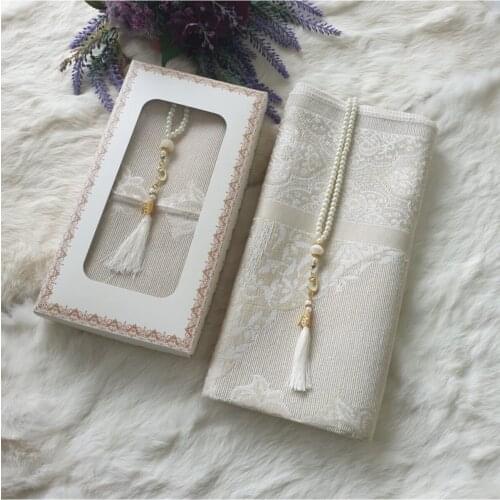 Cotton Taffeta Prayer Rug Design Rosary And Kraft Box Set Cream Color Gift Mawlid Hajj Umrah Friday Prayer Prayer Rug Muslim gifts