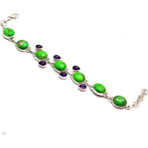 Genuine Green Turquoise + Amethyst Bracelet 925 Sterling Silver, 20.5 cm, GRPB0499