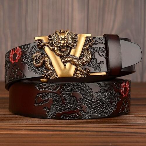 New Male V Automatic Buckle Dragon Brand Belt Men Luxury Genuine Leather Mens business Belts for Men Causal Jeans Ratchet Belt