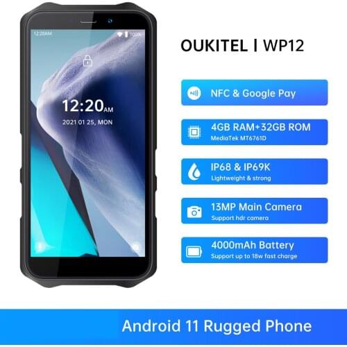 Oukitel WP12 Rugged IP68/69K SmartPhone 4GB+32GB Quad Core Android11 Mobile Phone 5.5'' HD+500W/1300W 13MP Camera Phone 4000mAh