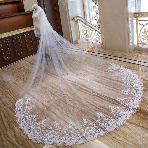 Stunning Two-Layer Luxury Lace Wedding Veil with Tree Shape Appliques 4 Meters Long Bridal Veils with Comb AX2019