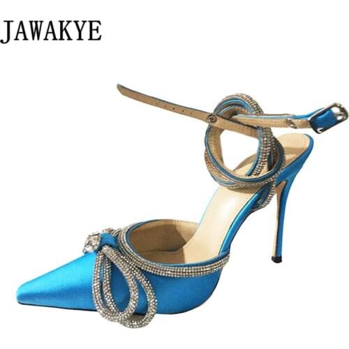 Brand Crystal High Heels Summer Sandals Blue Pink Satin Bling Butterfly Pointy Toe Stilettos Formal Party Wedding Shoes Women