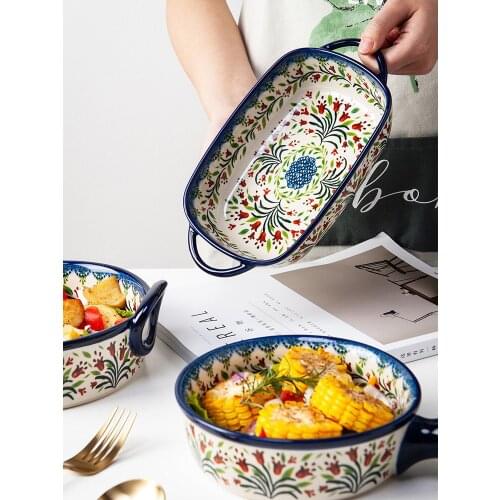 Two-handle soup bowl household ceramic oven microwave oven special baking pan Nordic bakeware baking bowl daily tableware