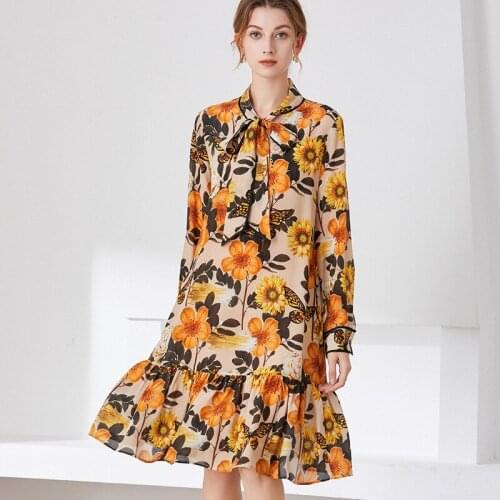 Naiqiner 2021 spring and summer elegant bow tie a swing loose casual medium long printed silk dress