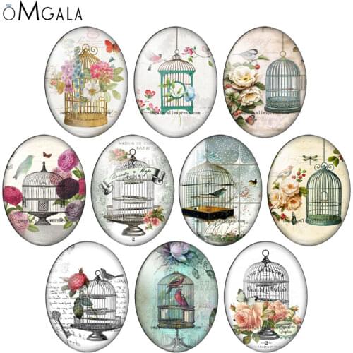 Vintage Birdcage And Butterfly Flowers Art Paintings 13x18mm/18x25mm/30x40mm Oval photo glass cabochon flat back Making findings