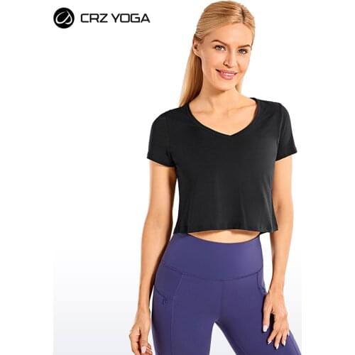CRZ YOGA Womens Short Sleeve V-Neck Shirts Casual Cropped Workout Tops Basic Crop Tee Tops