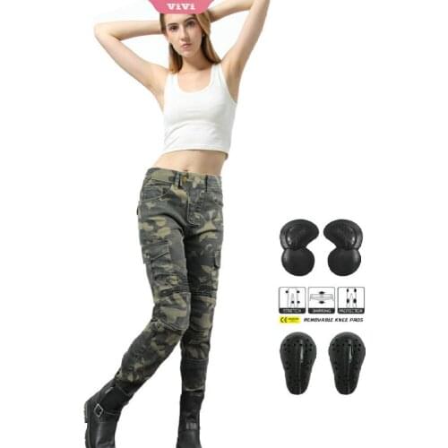 Womens Motorcycle Jeans Racing Cycling Pants Drop-resistant Multi-pocket Stretch Camouflage Pants With Knee Pads