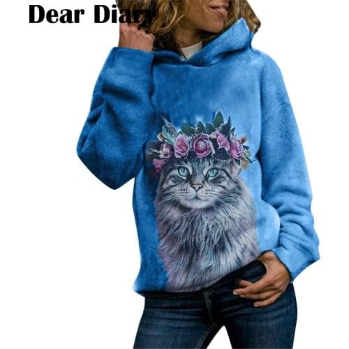 Women Cat Print Loose Long Sleeve Top Pullover Kpop Hooded Cap Sweatshirt Streetwear Harajuku Hoodies Clothes Ropa Mujer