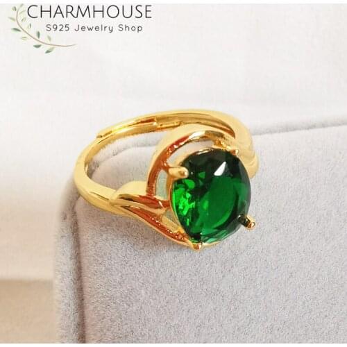 Charmhouse Pure Gold Color Rings for Women Yellow Gold GP Green Zirconia Finger Ring Bague Femme Anillo Wedding Band Jewelry