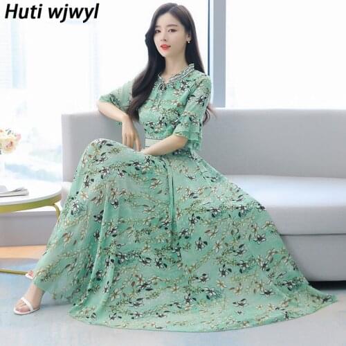 Summer Plus Size Print Vintage Casual Dresses Women Bodycon Party Vestidos 2021 Elegant Floral Chiffon Boho Beach Maxi Sundress