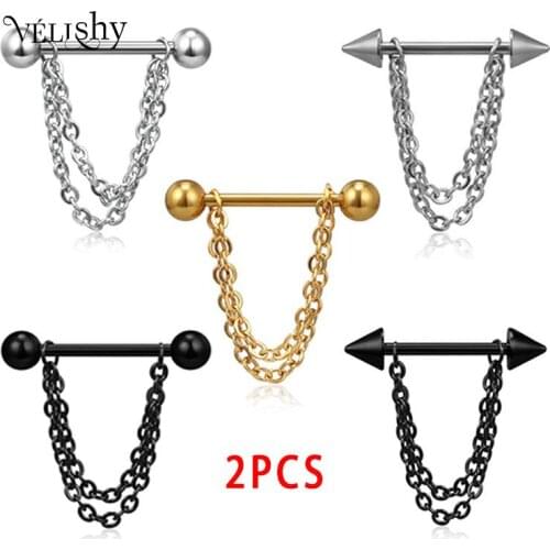 1pair Pierced Nipple Breast Rings Nail Barbell Steel Chain Pendant Body Piercings Jewelry Stainless Steel Punk Metal