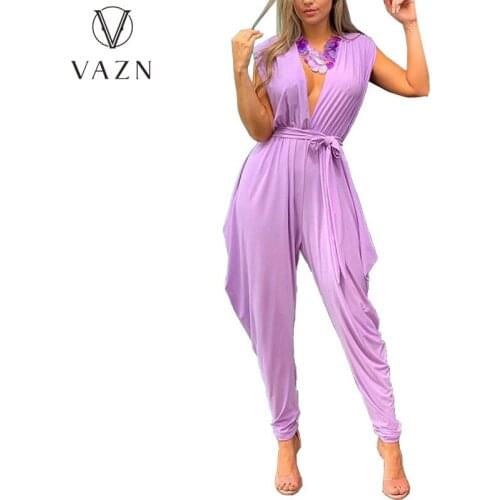 VAZN 2021 Autumn Energy Fresh Clear Solid Young Sexy Club Lace Up Top Tank Sleeve Women Slim Pencil Jumpsuits