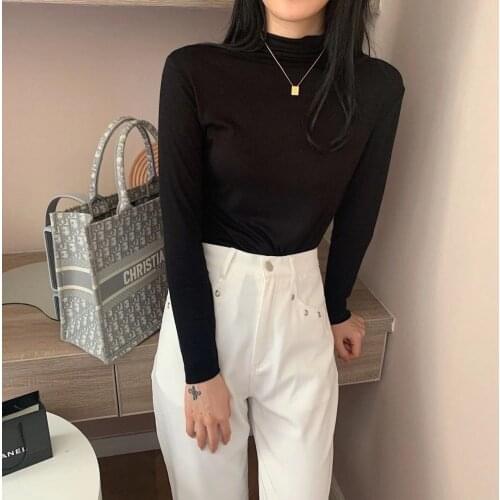 2021 Fall/Winter Womens Wear New Solid-Color Large Stretch Cotton Bottoming Shirt High-Necked Thin Clothes