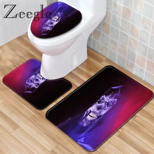 Zeegle Printed Skull Bath Mat Set 3Pcs Non-slip Bathroom Rugs Polyester Toilet U Type Mat Water Absorption Carpet for Home Decor
