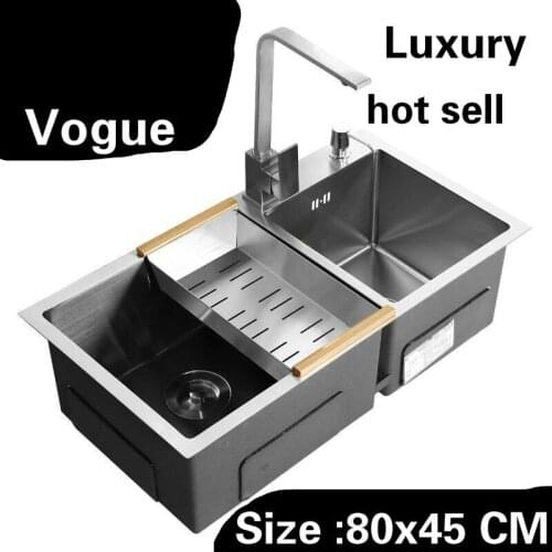 Free shipping Apartment big kitchen manual sink double groove high capacity wash vegetables 304 stainless steel 800x450 MM