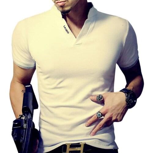 Hot Sale Mens V Neck T Shirt 2021 Summer Fashion Solid Short Sleeve T Shirt Men LAISO Print Collar Slim Fit Mens Top Tees Shirt