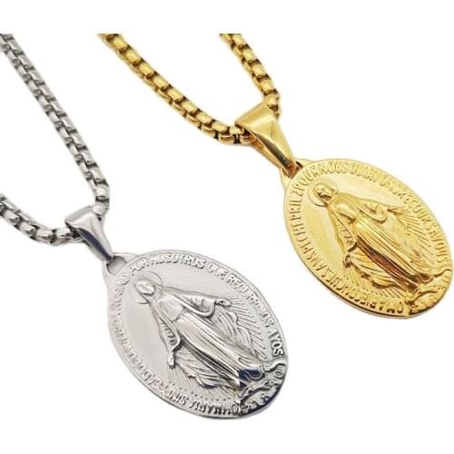 Religious Stainless Steel Mini Virgin Mary Oval Medal Pendant Necklace Christian Mary Praying Necklace Amulet Jewelry Fashion