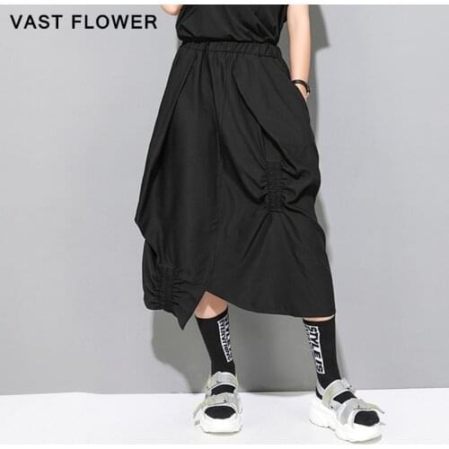 High waist black pleated irregular midi skirts womens fashion tide new summer 2020 clothes elastic waist elegant women skirt