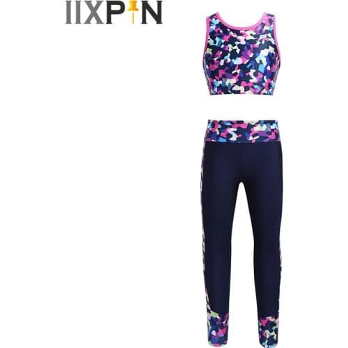 Kids Girls Ballet Costume Dancewear Outfit Gymnastics Stage Performance Dance Costumes Digital Print Tank Crop Top With Leggings