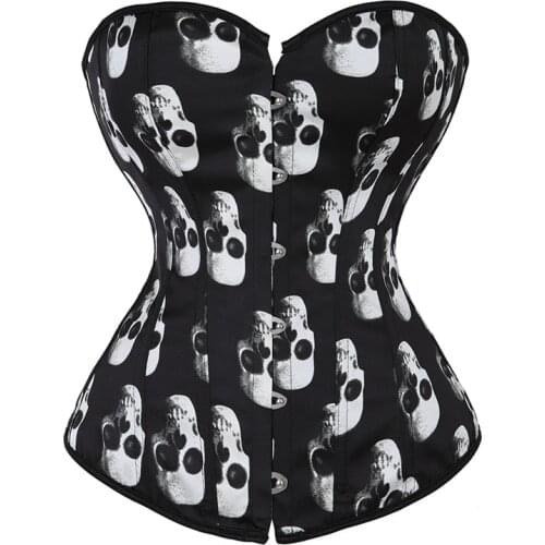 Women Steampunk Skull Print Corset and Bustier Sexy Waist Trainner Overbust Corset Lingerie Top Showgirl Clubwear Plus Size 6XL