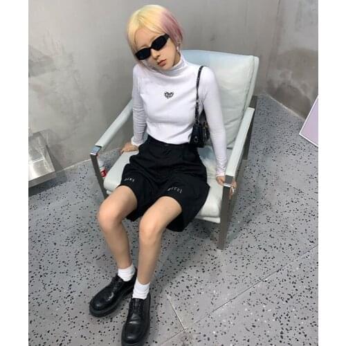 Gothic Punk Women Black White T-Shirts Autumn Top Sexy Heart Shaped Embroidery Bodycon Solid Long Sleeve Party Pullover Shirts