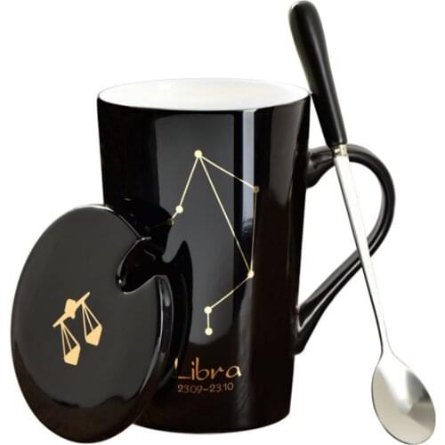 Ceramic Mugs 12 Constellations Creative Mugs with Spoon Lid Black and Gold Porcelain Zodiac Milk Coffee Cup Drinkware