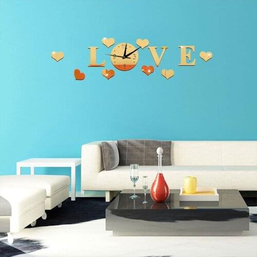 Creative 3D Mirror Effect Stickers Wall Clock LOVE Decals Living Room Decoration