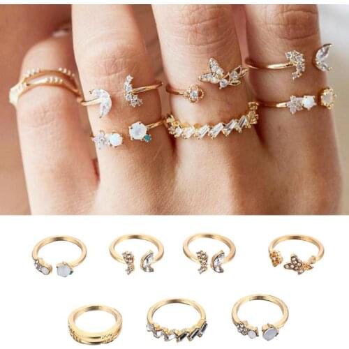 7pcs/set New Boho Alloy Anchor Crystal Cocktail Ring set Women Open Knuckle Rings Jewelry Rhinestone Butterfly Flower Ring