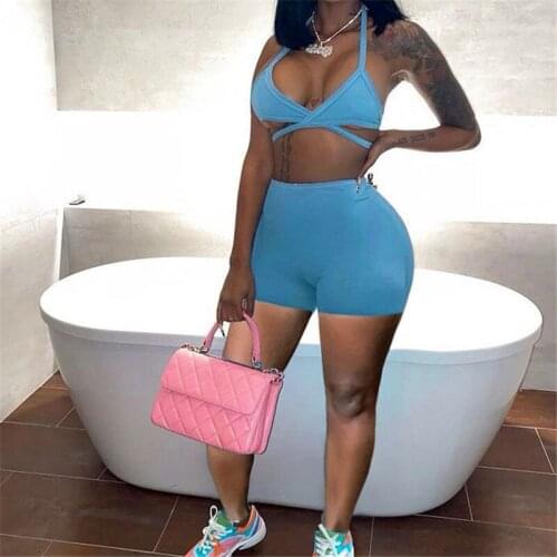 New Sexy Low Cut Cross Halter Strapless Tank Top Women Summer 2 Piece Sets Tracksuit 2021 Biker Shorts Streetwear Solid Outfits