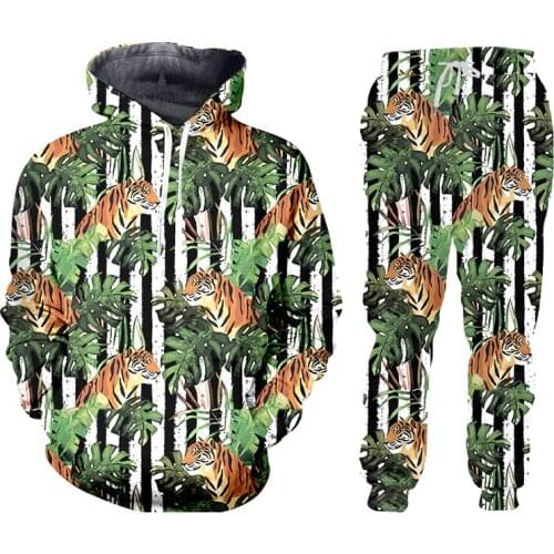 LCFA New Sportswear Set Men Spring Autumn Zipper Sweatshirt Series 3d Digital Animal Leaf Tiger Jogging Sports Suit Two Piece