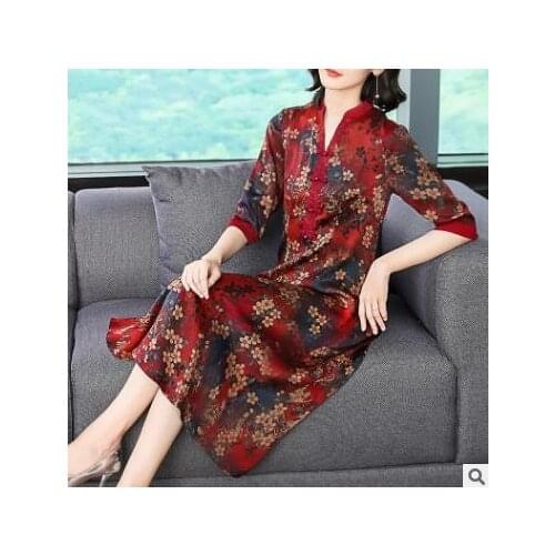 Fall New Style Print Buckle Dress Chinese Retro Faux Silk Crepe Three Quarter Sleeve Women Cheongsam Dress High Quality Vestidos