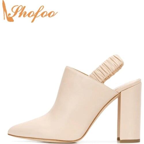 Nude Slingback Pointed Toe Pumps Woman Elastic High Chunky Heels Large Size 12 15 For Ladies Fashion Office Mature Shoes Shofoo