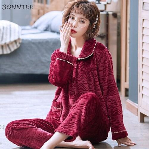 Pajama Sets Women Flannel Winter Thicker Home Comfortable Fashion Warm Ladies Sleepwear Korean Style Loose Soft Casual Chic New