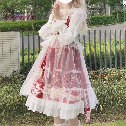 Lolita Dress Japanese Soft GirlLolita Suspender Dress Long-Sleeved Shirt Blouse Mesh Smock Female Kawaii Dress AFC786