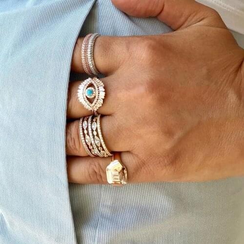 Christmas gift Luxury Turkish evil eye jewelry ring Gold color Baguette clear cz blue turquises main stone cute women nice rings