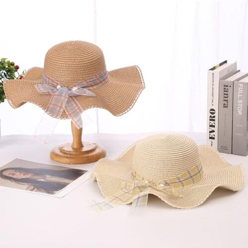 Summer Ladies 2021 New Sunscreen Sun Hat Fashion Bow Big Eaves Wave Womens Seaside Beach Straw Hat Foldable Birthday Gifts