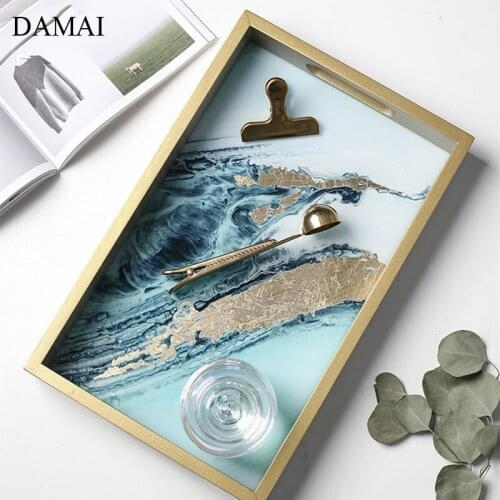 Nordic Wood Tray Decorative Agate Texture Tableware Storage Tray Painted Gold Foil Craft Decorations Living Room Decoration