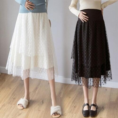 Spring Autumn Polka Dot Women Maternity Cake Skirt Mesh Adjustable Maternity Skirts Women Pregnant Midi Skirt Pregnant Clothing