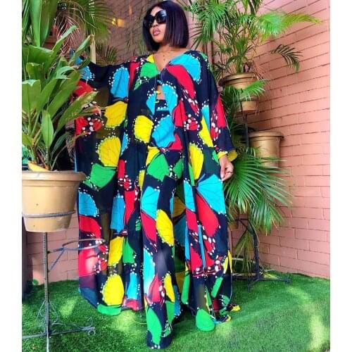 Womens Fashion Classic Design African Clothes Dashiki Print Leopard Chiffon Fabric Long Dress + Trousers Two Piece Set