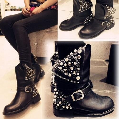 Fashion New Round Toe Rivets Ankle Boots For Women Back Zipper Motorcycle Boots Low Heels Winter Boots Women botines mujer 2020