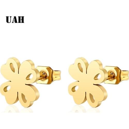 UAH Stainless Steel CartoonClover Stud Earrings for Women Girls Kid Birthday Gift Cute Earring Black Female