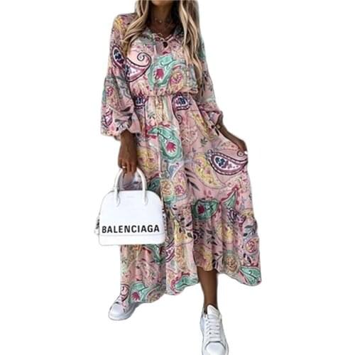 2021 Autumn New Style European And American Print Waist V-Neck lantern Sleeves Lace-up Big Dress Women