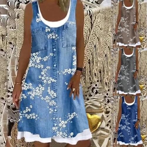 Woman Casual Flower Print Dress Sleeveless Dresses O Neck Linen Pocket Summer Dress for women 2021