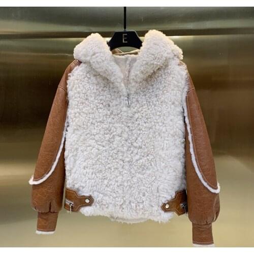Womens Winter Sheepskin Coat Genuine Leather Female Coats With Hooded Natural Sheep Fur Loose Size Outwear